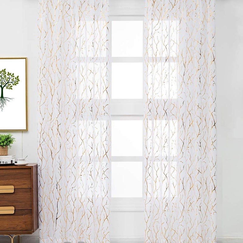 Kotile Gold and White Sheer Curtains 63 Inch Length 2 Panels Metallic Tree Branches Shimmer White Sheer Curtains for Bedroom Grommet Privacy Window Tree Curtains, 52 x 63 Inch, White Gold - Image 2